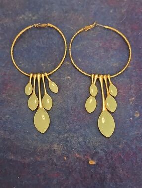 Gold Hoop Earrings with Pale Green Leaf Charms